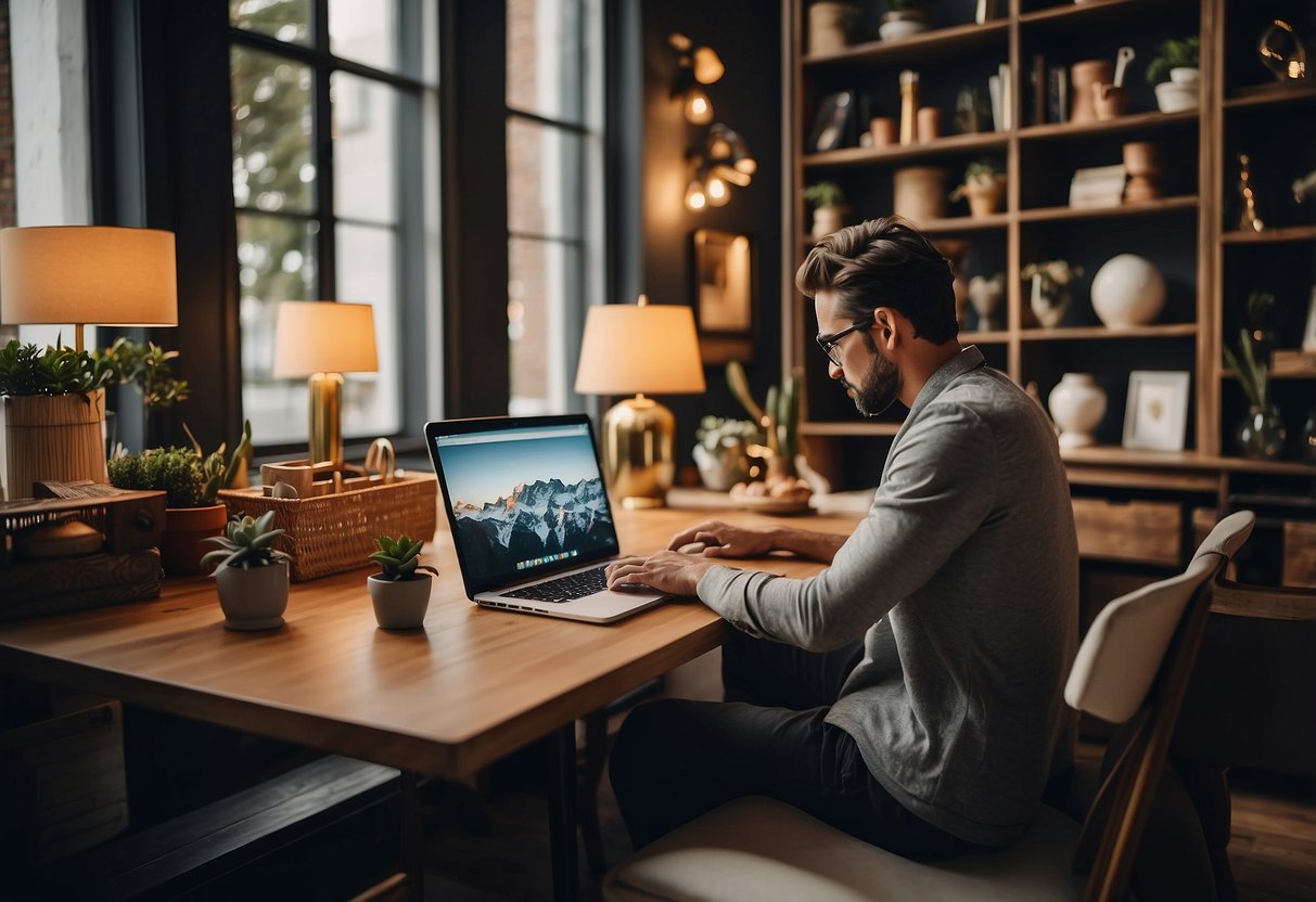 A person browsing through various furniture options on a laptop, surrounded by different furniture pieces and decor items