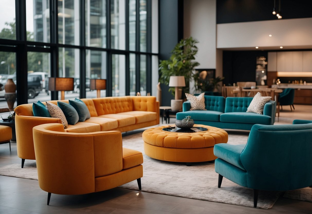 A modern furniture store with sleek designs and vibrant colors, located conveniently near me