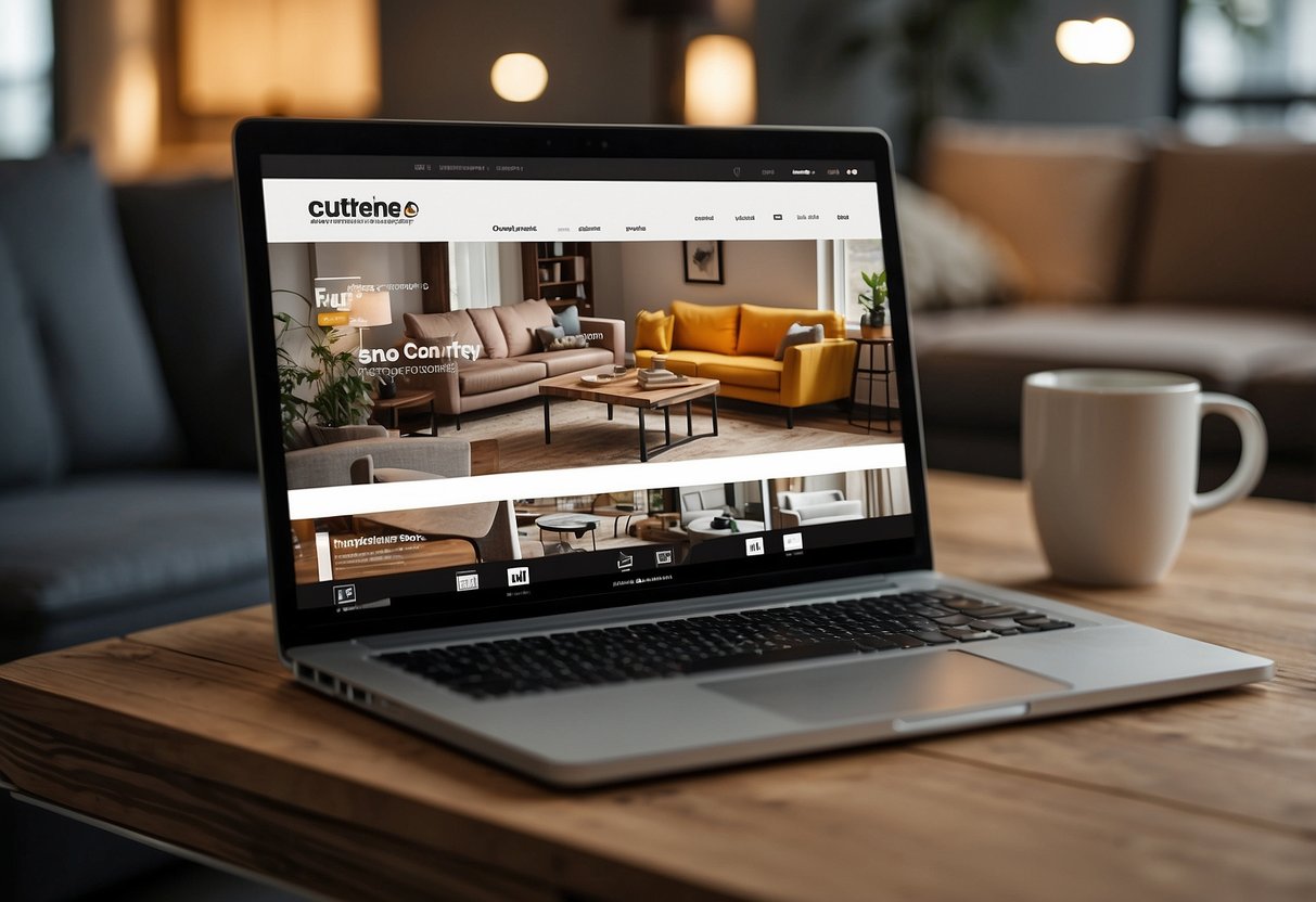 A laptop displaying an online furniture store with various items and policies listed, including delivery options and return policies