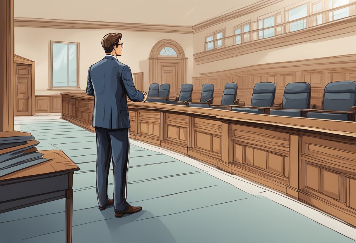 A civil litigation defense lawyer standing confidently in a courtroom, presenting evidence and arguments to support their client's case