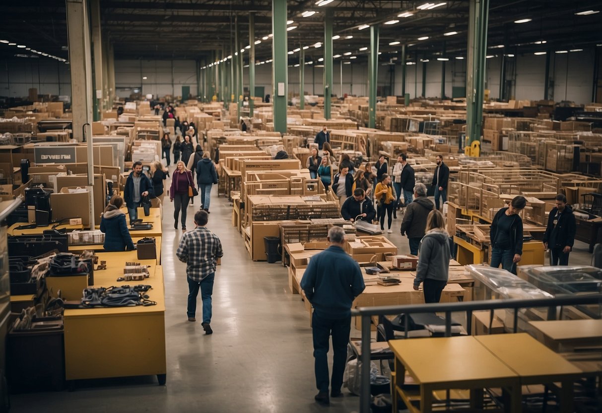 A bustling factory sale with rows of discounted furniture, eager shoppers browsing and inspecting items, staff assisting customers, and a lively atmosphere