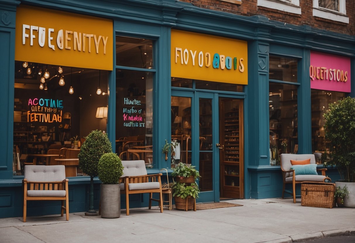 A colorful storefront with "Frequently Asked Questions" signage, showcasing various furniture pieces