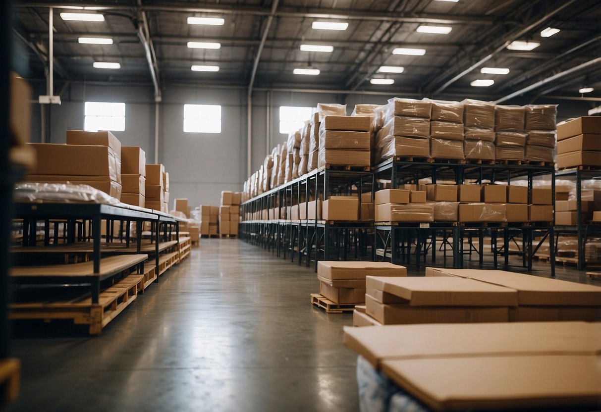 A warehouse filled with restaurant furniture stacked neatly in rows. Tables, chairs, and booths are all wrapped in plastic, ready for delivery
