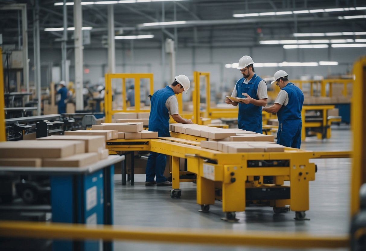 A bustling factory floor with workers assembling and packaging high-quality furniture. Conveyor belts carry finished products while managers oversee the production line