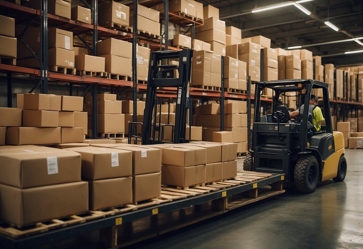 A warehouse filled with stacks of restaurant furniture, with workers loading and unloading items onto trucks for delivery