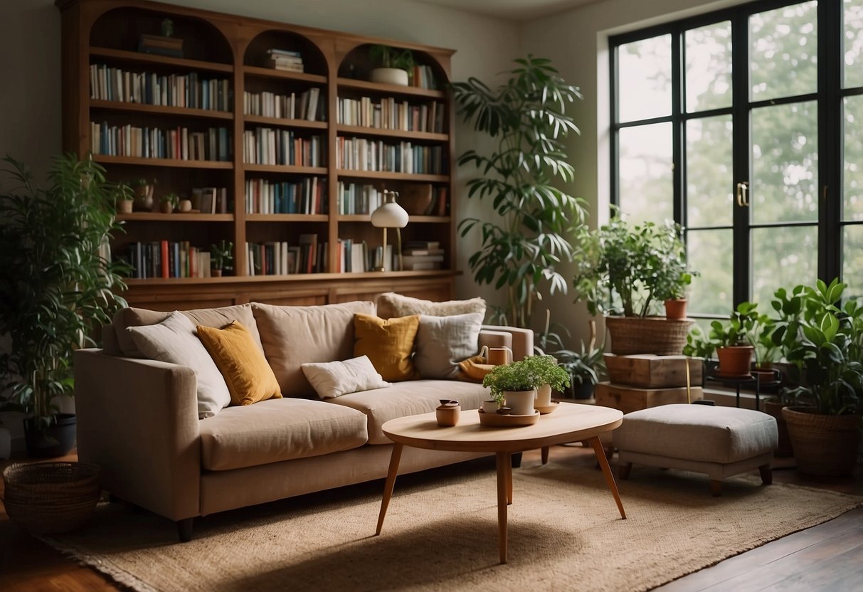 A cozy living room with a plush sofa, a coffee table, and a bookshelf filled with books. A large window lets in natural light, and a potted plant adds a touch of greenery