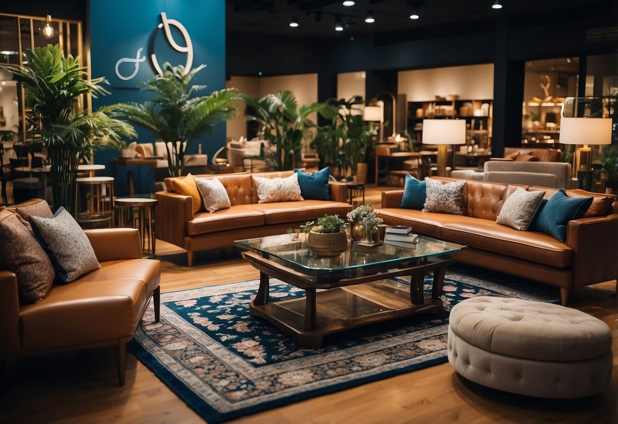 A bustling furniture shop in Tai Seng, filled with modern and classic pieces, colorful rugs, and bright lighting