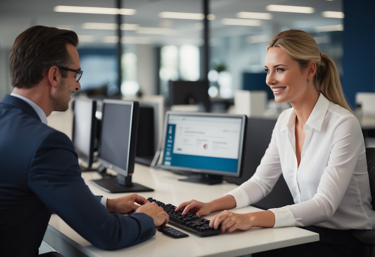 A friendly customer service representative assists a client while contact information is displayed on a sleek, modern desk at World Furniture NI
