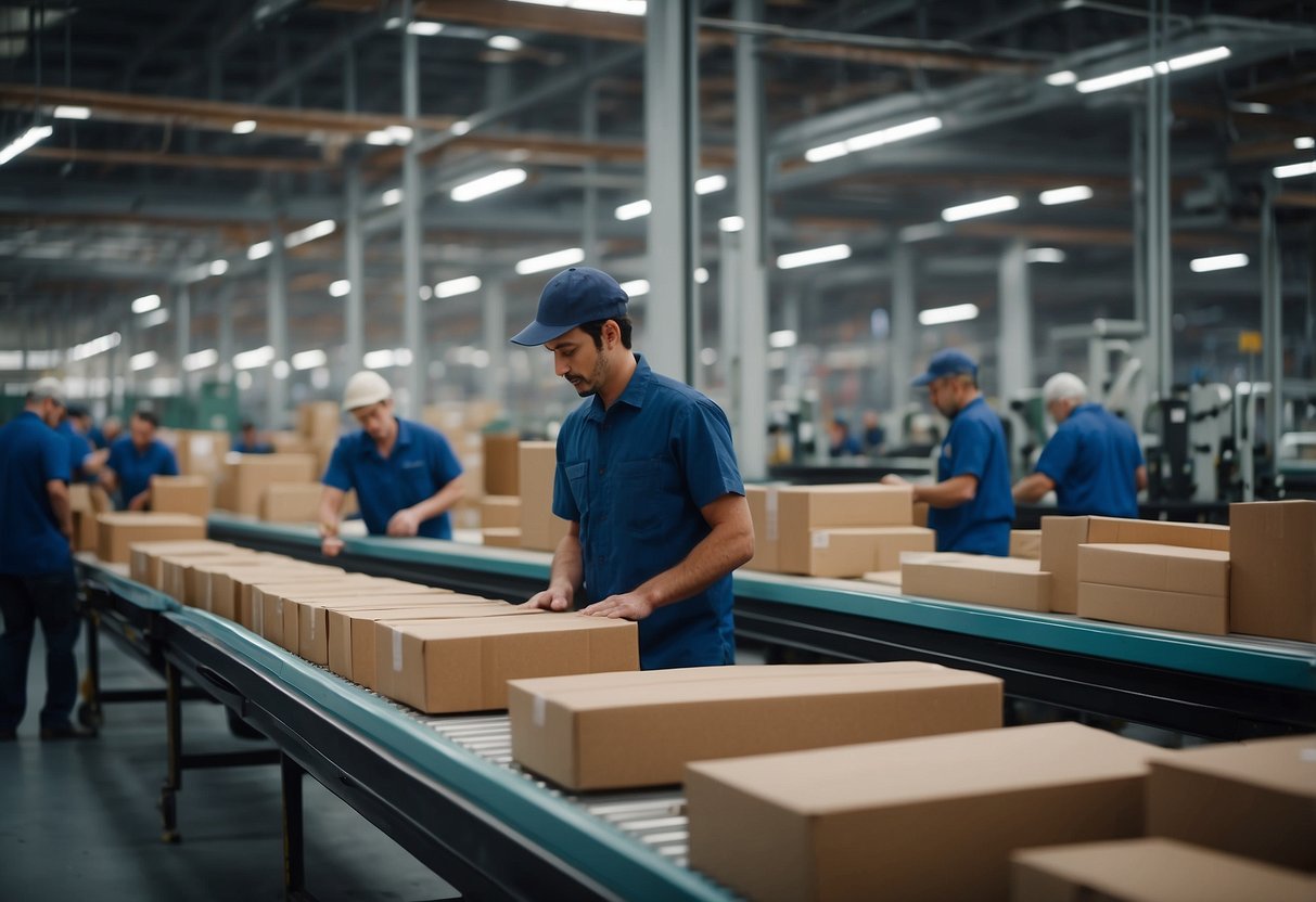 A bustling factory floor with workers assembling and packaging furniture items for a sale. Machinery hums as products move along conveyor belts