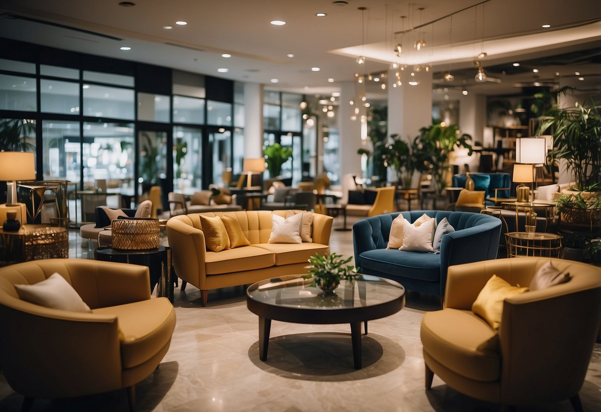 A bustling furniture shop in Tai Seng, filled with a variety of stylish and modern furniture pieces displayed in an organized and inviting manner