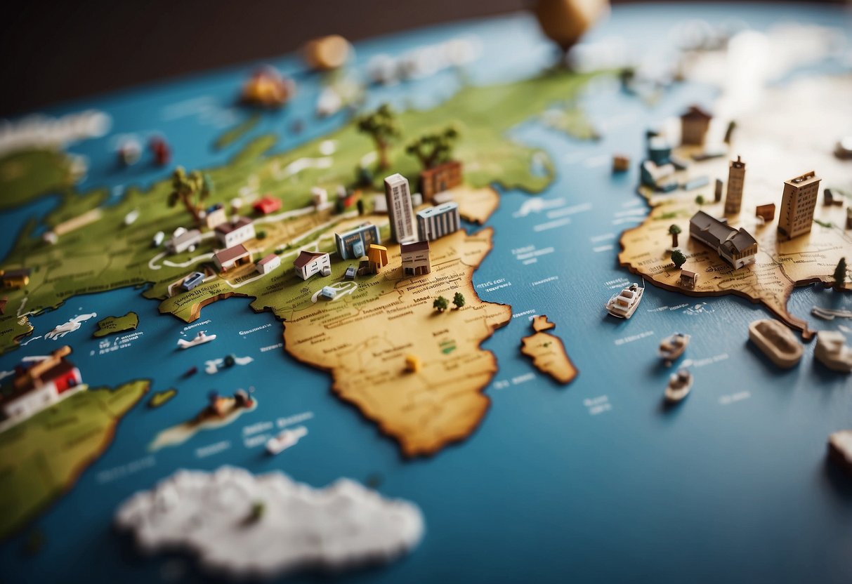 A world map with various furniture icons scattered across different countries