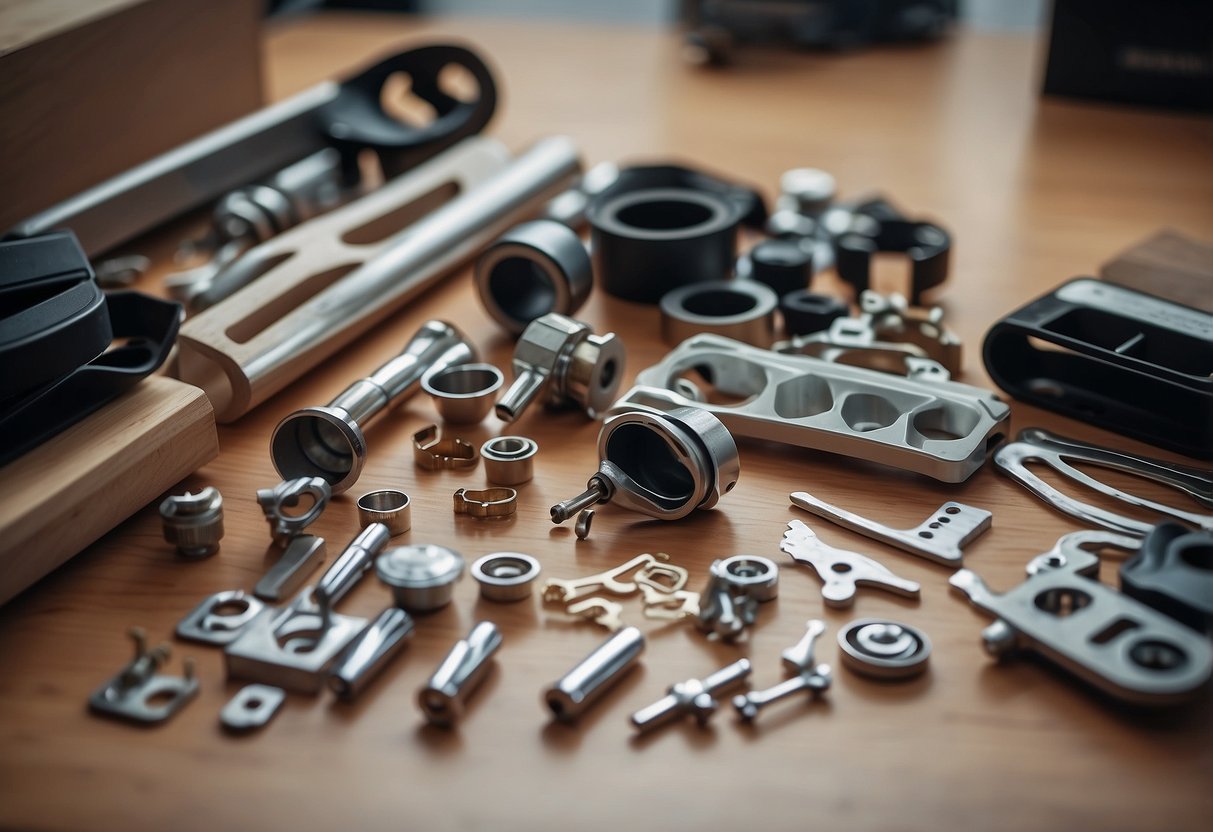 A pile of flat pack furniture parts arranged on the floor, with an instruction manual and tools nearby