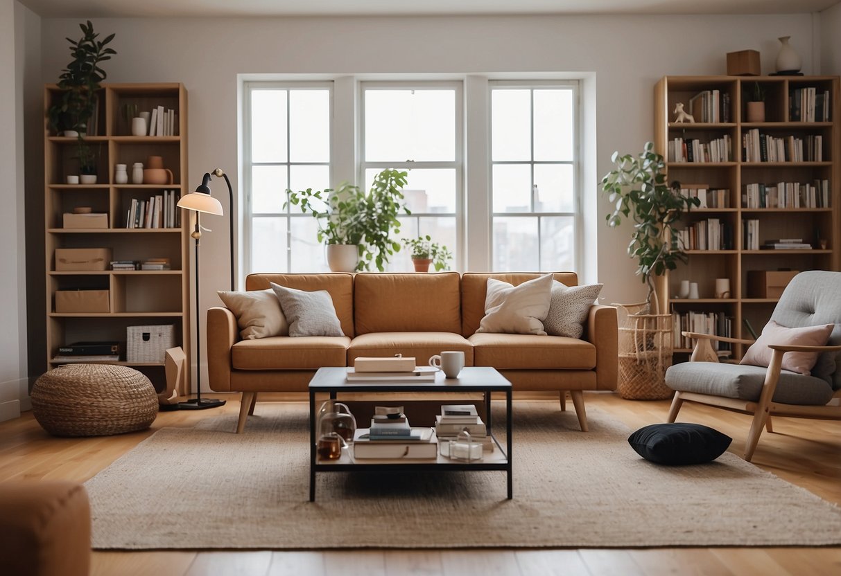 A living room with a flat-pack furniture set, including a sofa, coffee table, and bookshelf. Boxes and tools scattered nearby, showcasing the convenience and ease of assembly