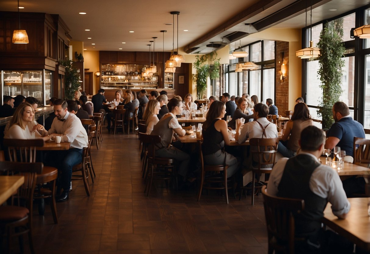 A bustling restaurant with customers seated at tables, while waitstaff move between them. The space is filled with various types of wholesale restaurant furniture, including chairs, tables, and bar stools