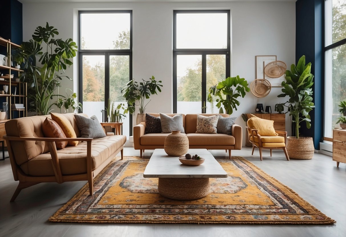 A bright, spacious showroom with modern furniture displays and stylish decor. Shelves lined with home accessories and vibrant rugs on the floor