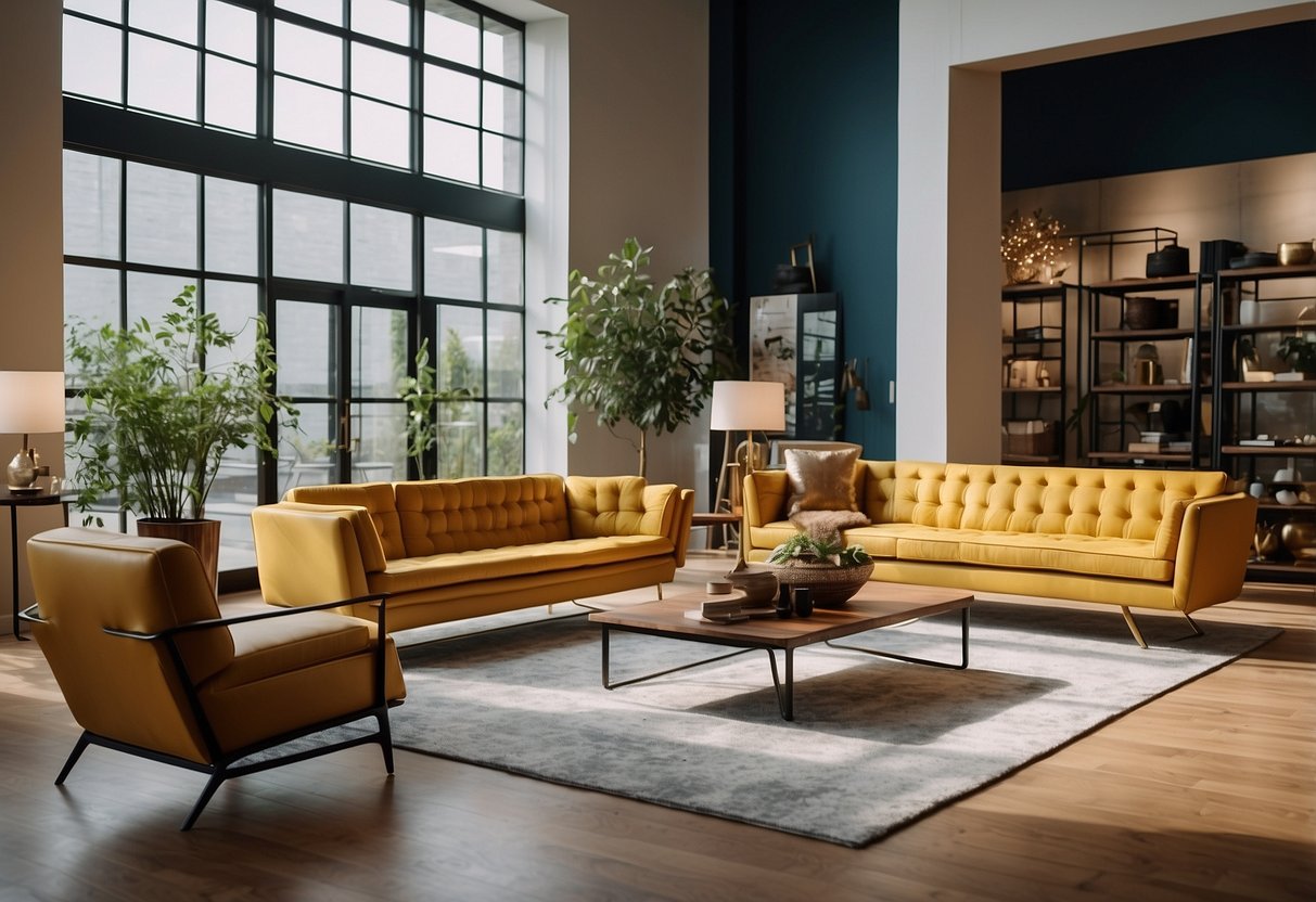 A spacious showroom filled with modern and vintage furniture. Natural light floods the space, illuminating the elegant designs and vibrant colors