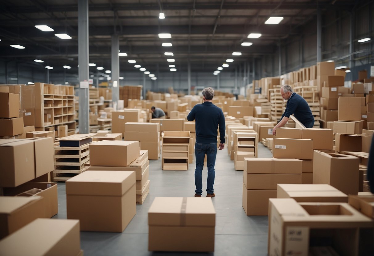Customers browsing through aisles of flat-pack furniture, examining boxes and reading labels. A display of assembled furniture showcases the potential final product