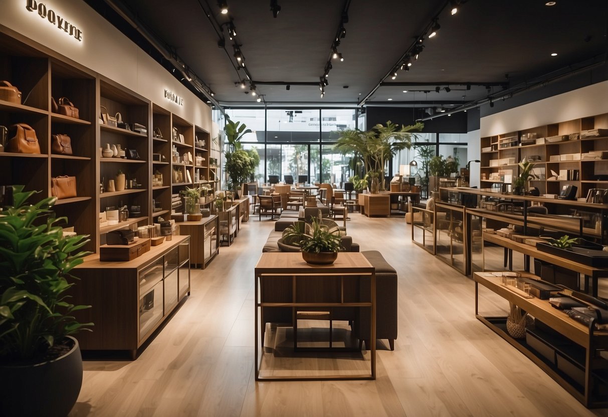 The furniture shop in Tai Seng is bustling with customers browsing through the wide selection of items. Shelves are neatly organized, and the shop's logo is prominently displayed at the entrance