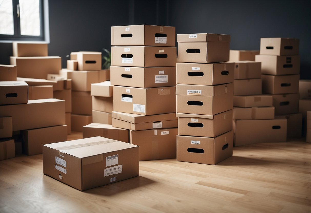 A stack of flat pack furniture boxes with labels and instructions scattered around