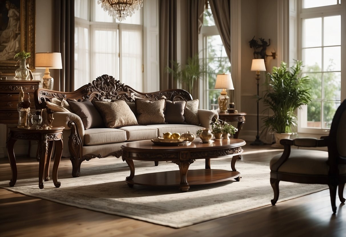 Elegant Italian furniture fills a spacious, sunlit room with ornate details and rich, dark wood finishes