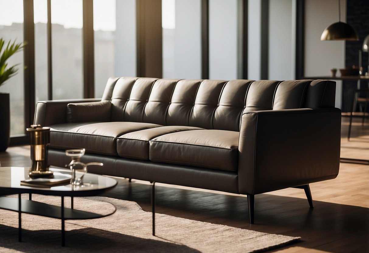 A sleek, modern sofa sits in a sunlit room, surrounded by elegant, minimalist Italian furniture. Clean lines and luxurious materials create a sense of sophistication and style