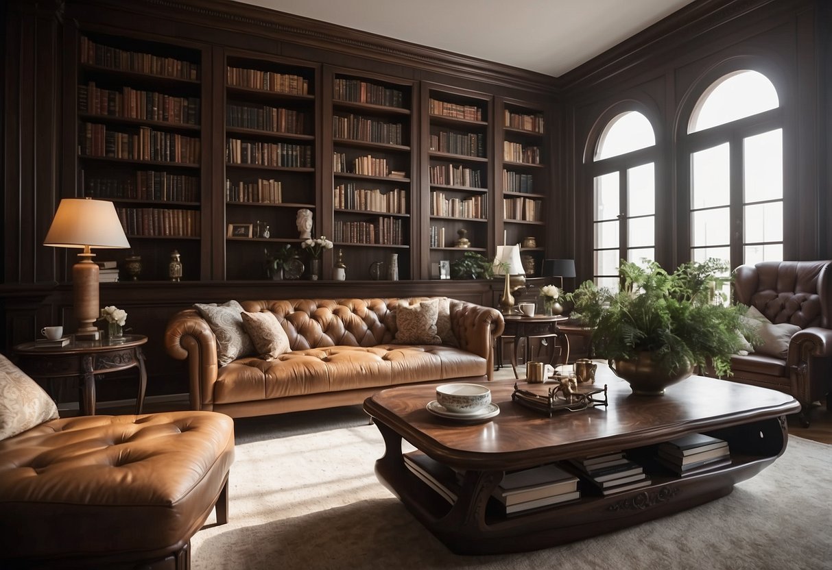 A cozy living room with elegant Italian furniture, featuring a sleek leather sofa, a marble coffee table, and ornate wooden bookshelves