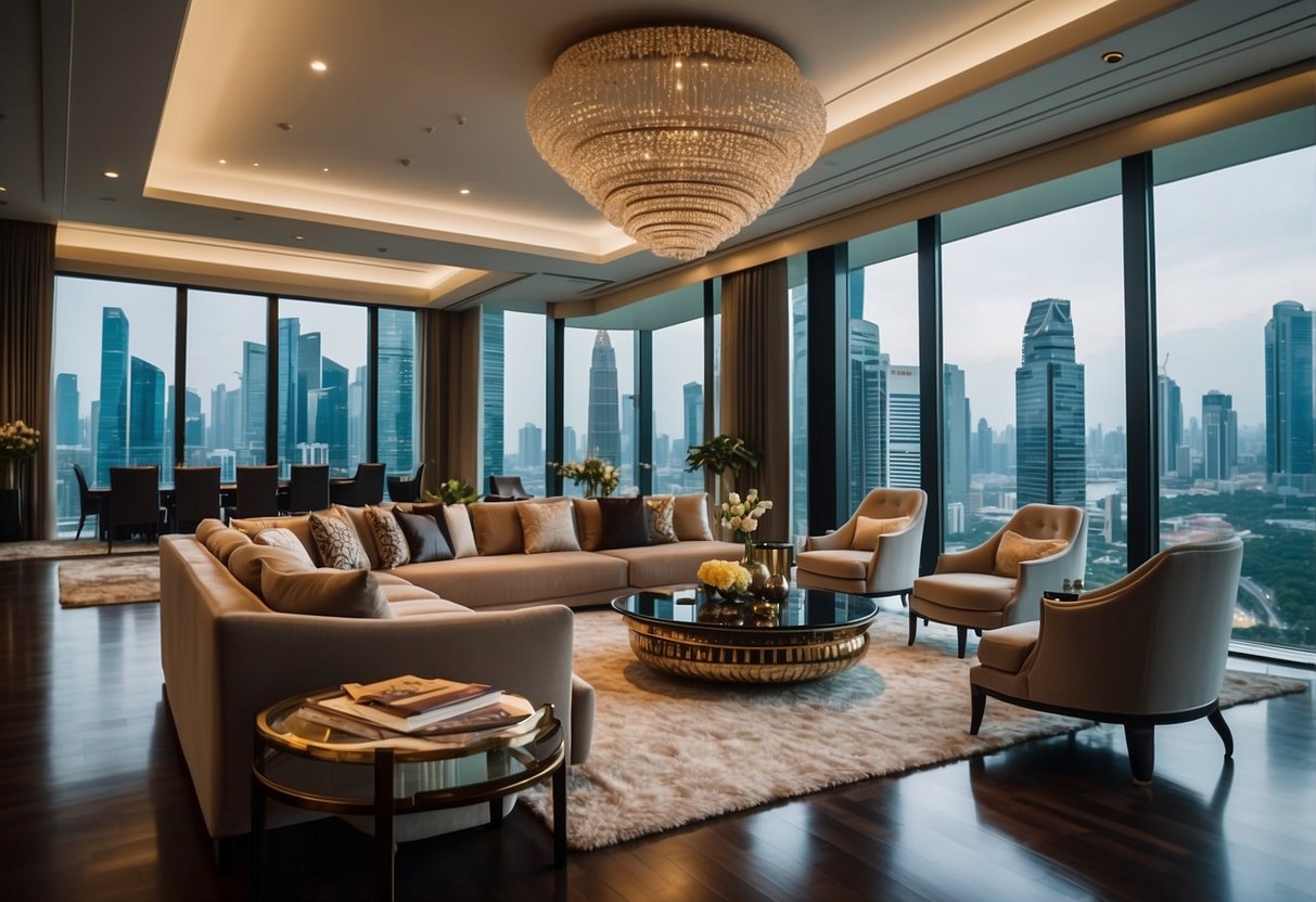 A lavish living room in Singapore, featuring opulent furniture and elegant decor, with a panoramic view of the city skyline through floor-to-ceiling windows