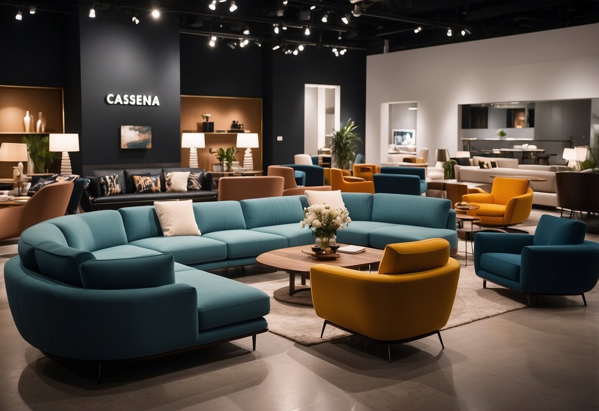 A crowded showroom displays modern Cassina furniture on sale. Bright lights illuminate sleek sofas and chairs, while customers browse and chat with sales associates
