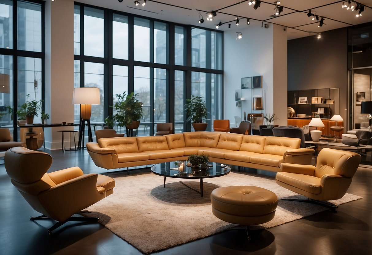 A showroom filled with iconic Cassina furniture, displayed for sale. Bright lighting highlights the sleek lines and elegant designs of the collection