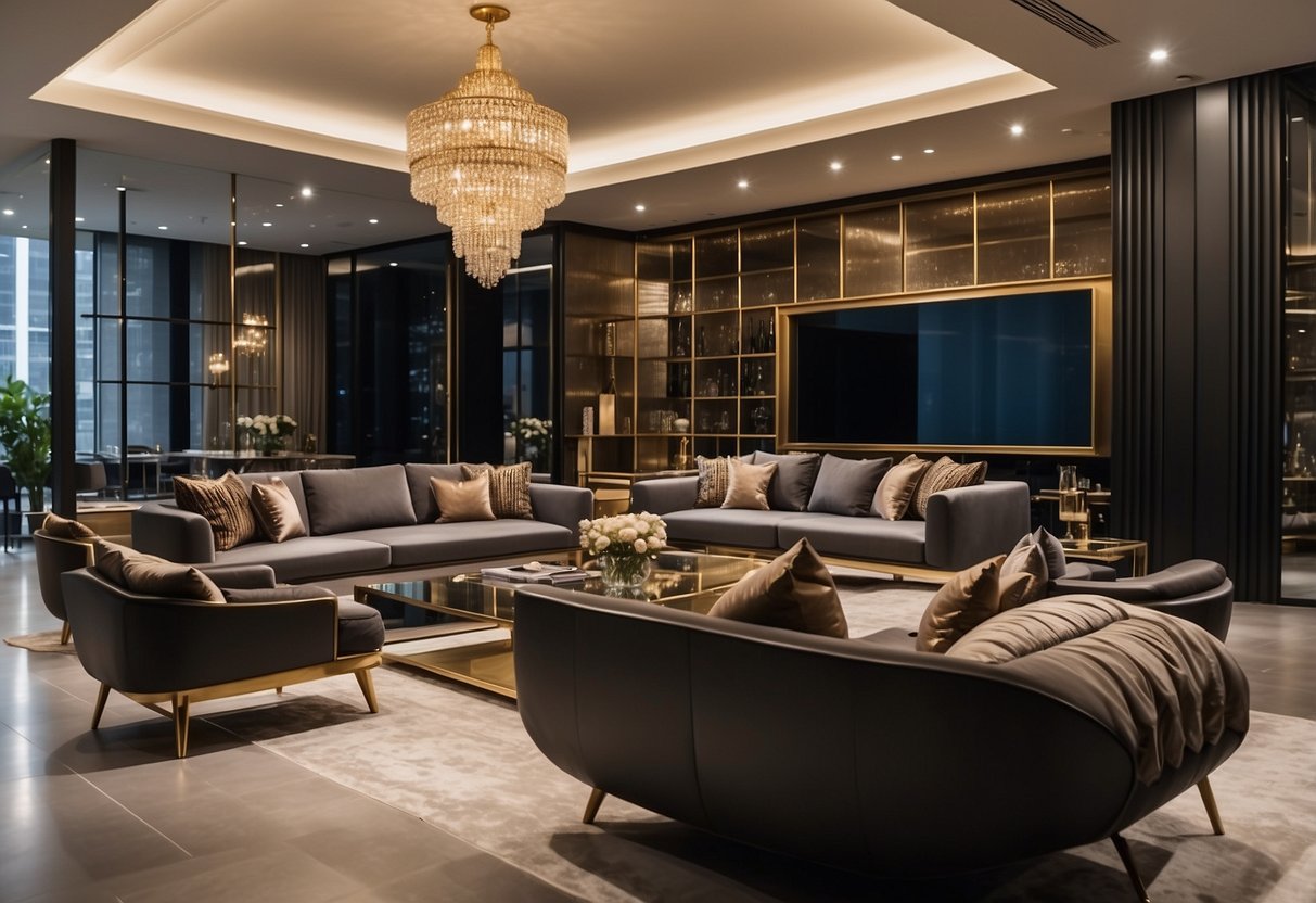 A showroom displays opulent furniture in Singapore. Rich textures and elegant designs fill the space, creating a luxurious atmosphere