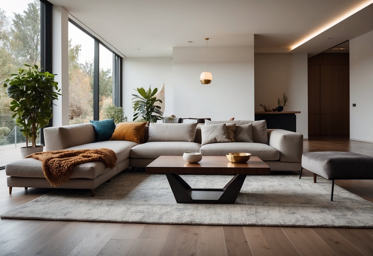 A modern living room with sleek cfc furniture, a low coffee table, and a plush rug underfoot