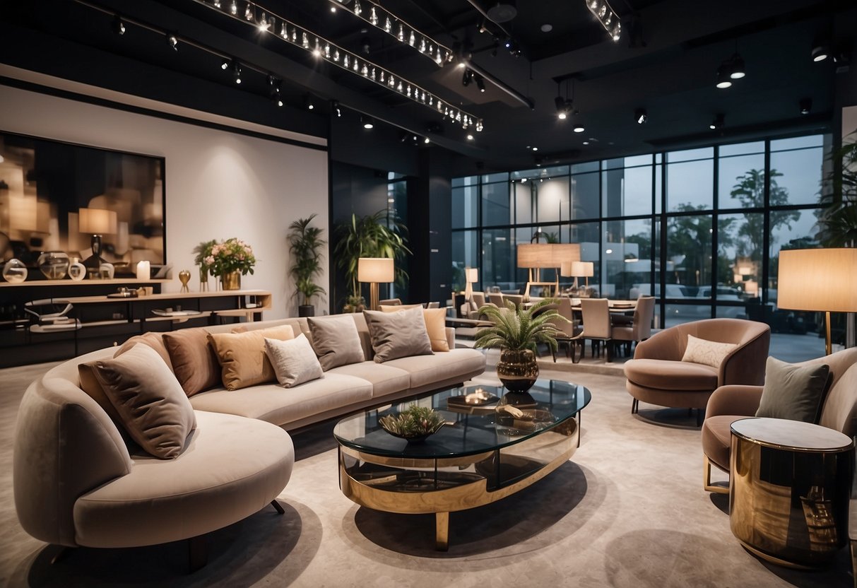 A showroom filled with modern furniture displays. Bright lights highlight sleek designs and luxurious finishes