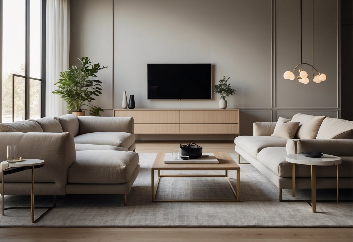 A room with elegant Italian furniture, including a modern sofa, sleek coffee table, and minimalist shelving unit. Bright natural light floods the space, highlighting the clean lines and luxurious materials