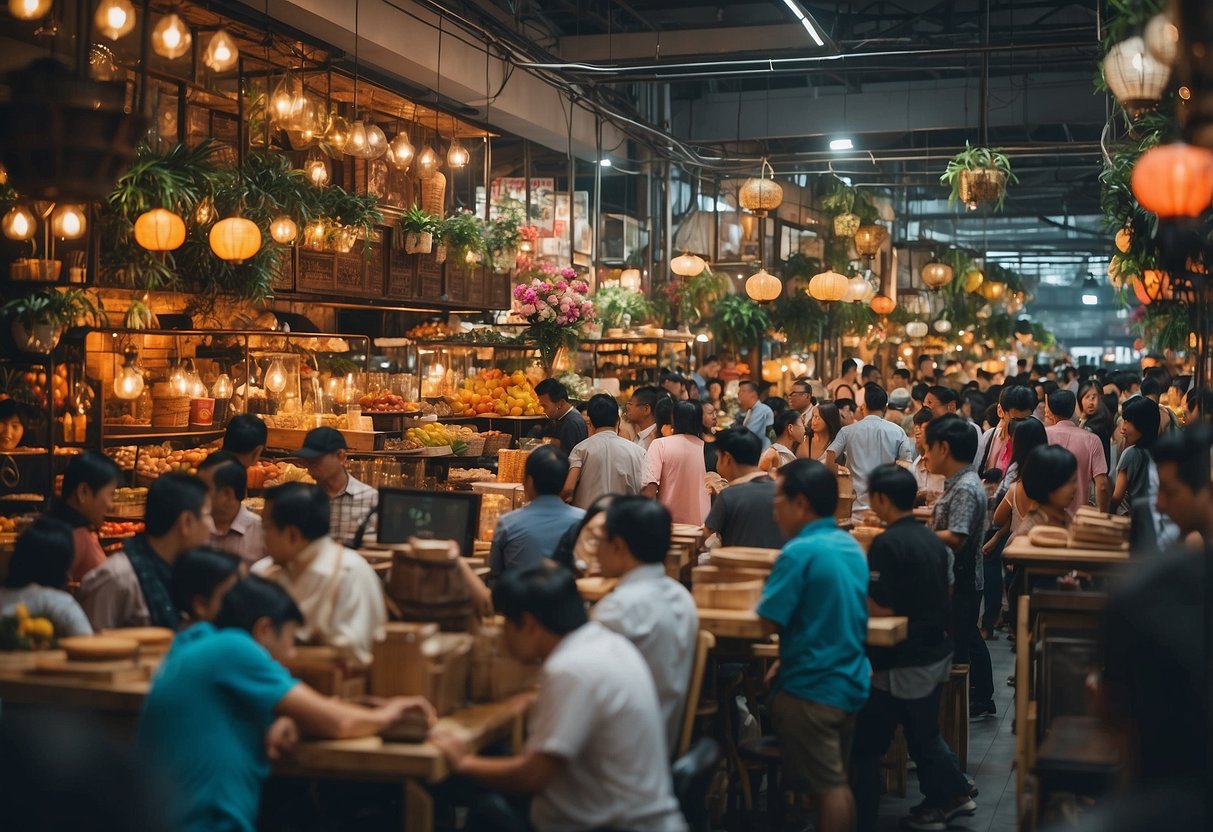 A crowded furniture market in Singapore with colorful displays and discounted prices