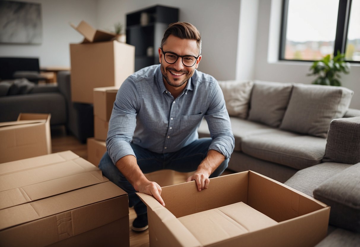 A customer happily unboxes a sleek, modern piece of furniture from CFC. The high-quality craftsmanship and elegant design are evident as the customer admires the new addition to their home