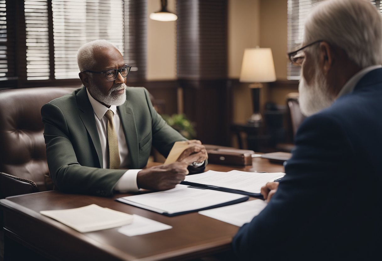 A social security survivor benefits attorney consults with a client, reviewing paperwork and offering legal advice