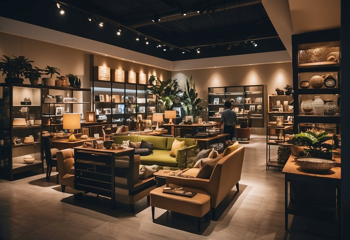 Customers browsing through various furniture displays in a budget-friendly store in Singapore