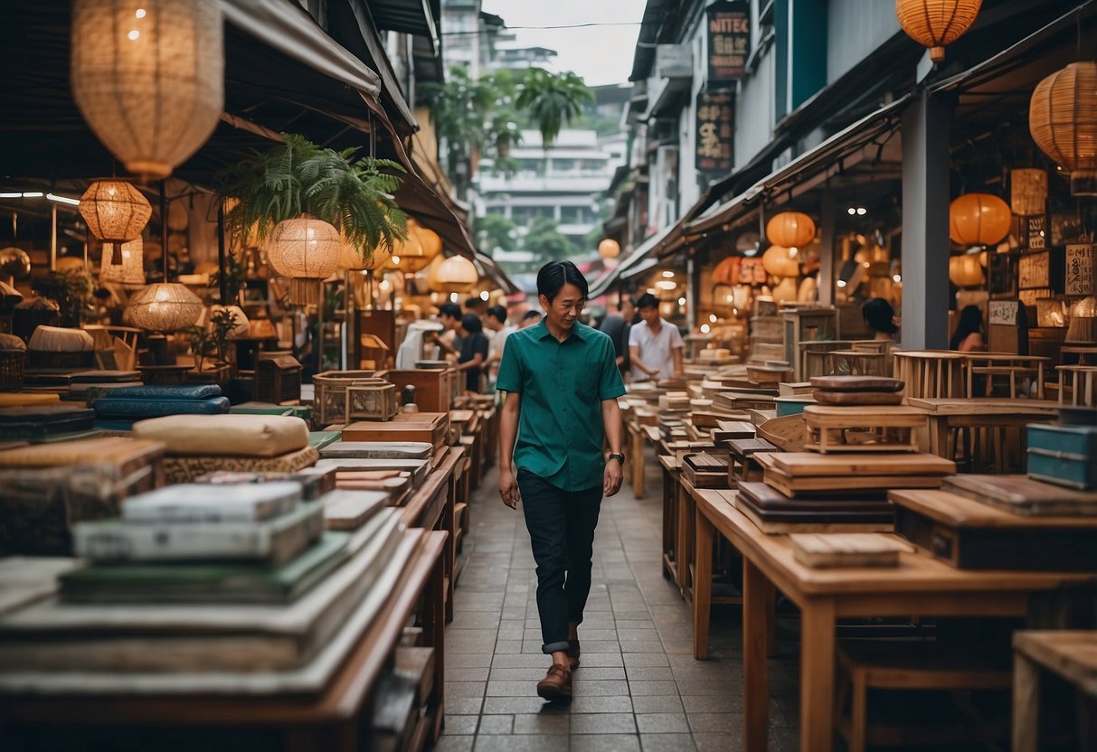 A person browsing through a variety of affordable furniture options in a bustling market in Singapore, comparing prices and searching for the best deals