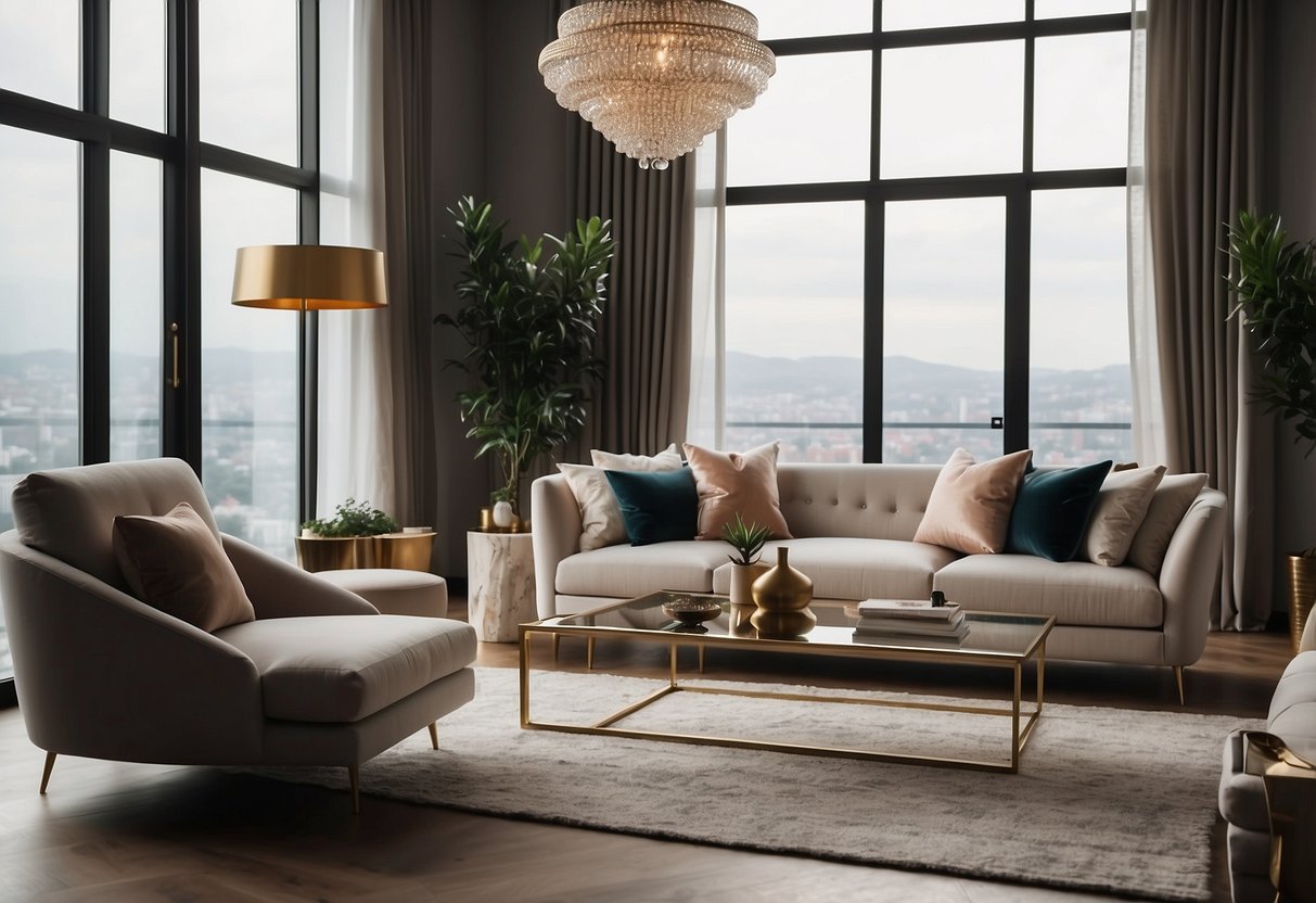 A modern living room with sleek, high-end furniture, soft ambient lighting, and elegant decor accents, creating a luxurious and sophisticated atmosphere