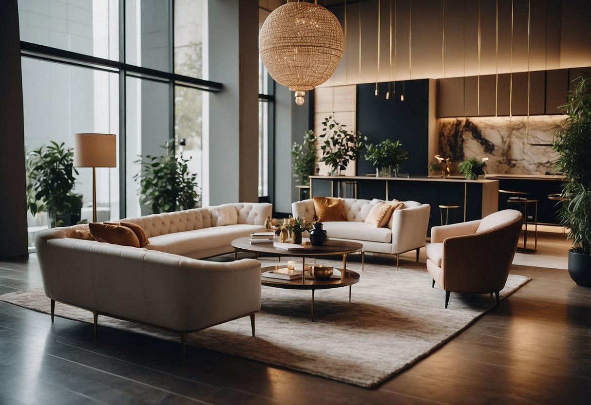 A luxurious showroom filled with elegant furniture, featuring sleek designs and high-quality materials. A customer service representative is assisting a client with a warm smile
