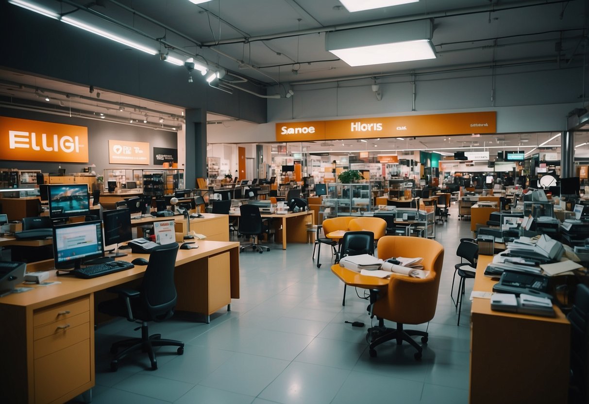 A cluttered showroom with rows of cheap furniture, bright signage, and busy staff in a bustling Singapore store