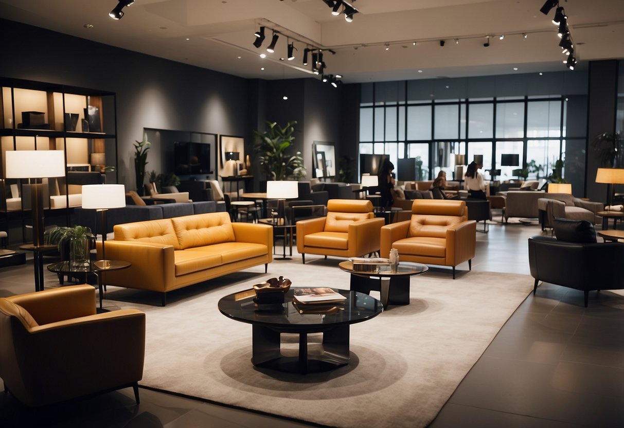 A busy showroom with various Cassina furniture pieces on sale, customers browsing and interacting with sales staff