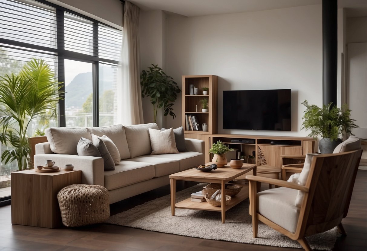 A cozy living room with a Funan furniture set, including a comfortable sofa, a sleek coffee table, and a stylish armchair, all bathed in warm, natural light