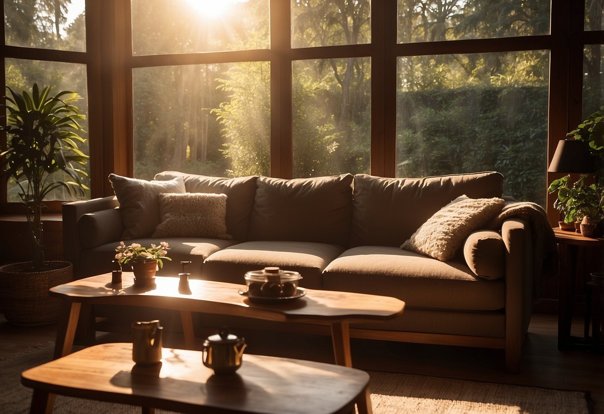 A cozy living room with a Scanteak sofa, coffee table, and bookshelf. Sunlight streams in through the window, casting a warm glow on the natural wood furniture
