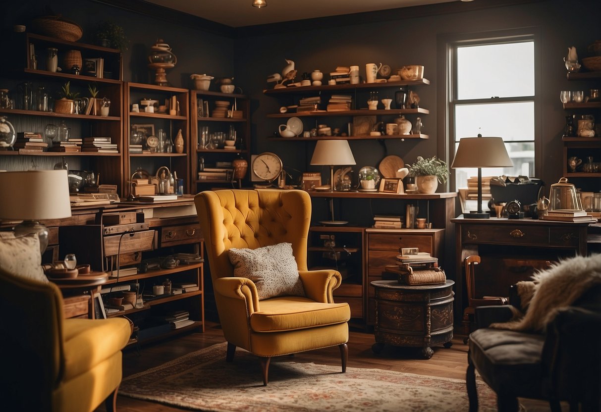 A room filled with 99 pieces of furniture, ranging from chairs and tables to shelves and lamps, creating a cluttered yet cozy atmosphere