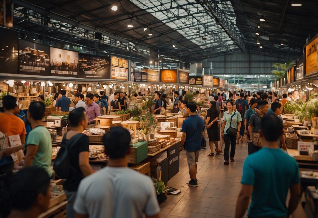A bustling furniture market in Singapore with various vendors and colorful displays. Shoppers browse for affordable deals, while signs advertise "cheap furniture" options