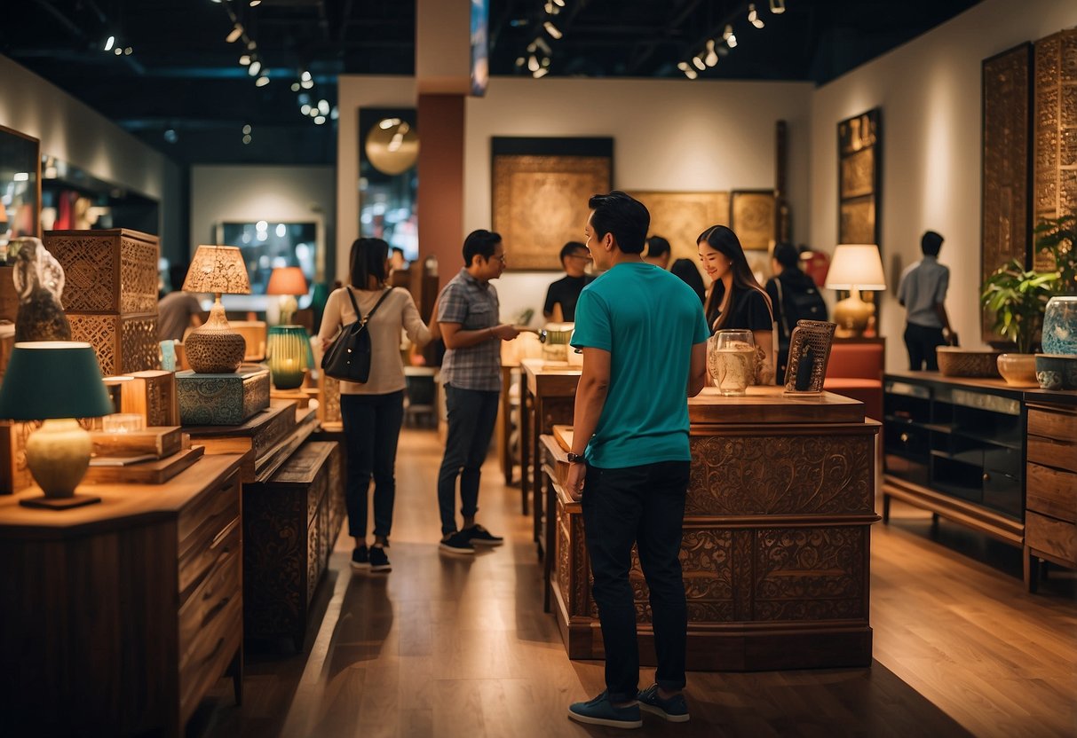 Customers browsing Funan Furniture's diverse selection, admiring modern and vintage pieces, surrounded by vibrant colors and intricate designs