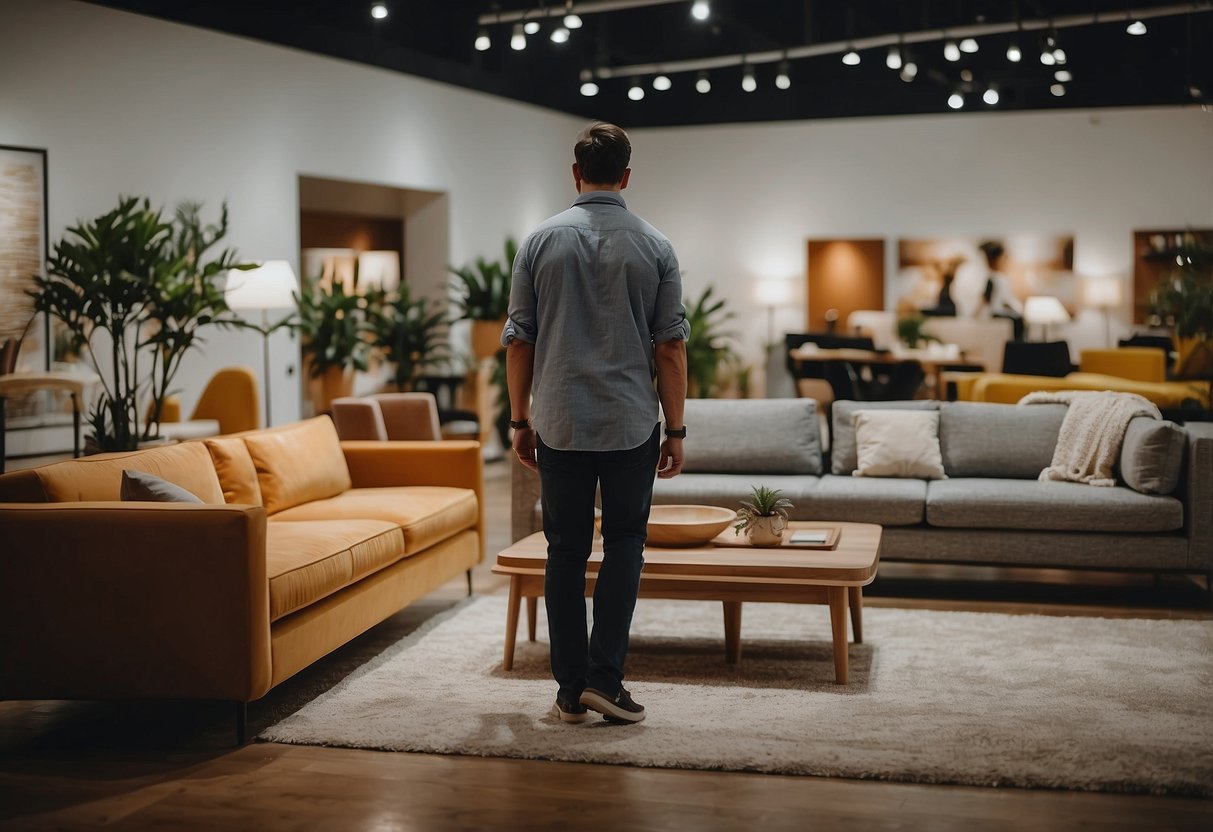 A person browsing through various furniture options in a spacious showroom