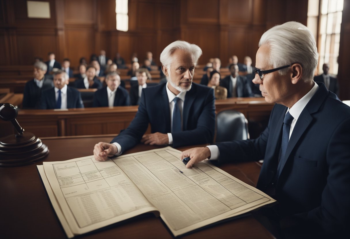 A lawyer presents evidence in a courtroom, pointing to a chart displaying discrimination laws