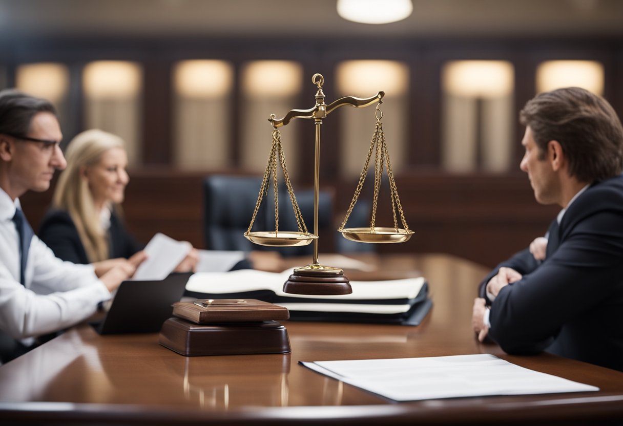 Lawyers discussing discrimination cases in a courtroom. Papers and evidence spread across a table. Scales of justice in the background